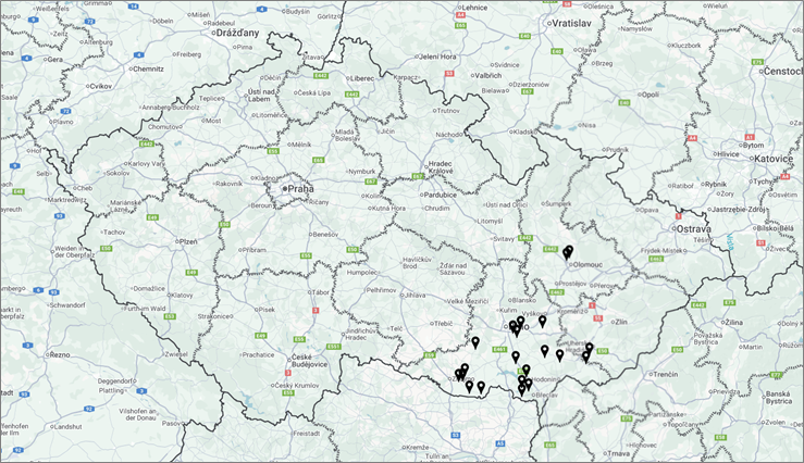 Mapa s potvrzenými případy myxomatózy u zajíce polního v České republice (Zdroj SVS ČR)